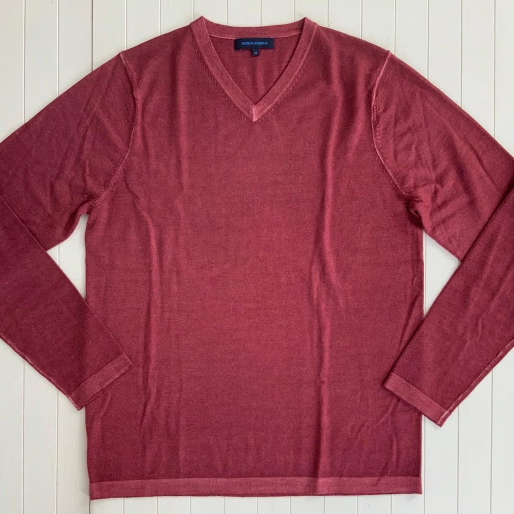 Patrick Assaraf Burgundy V-Neck Lightweight Knit Sweater XXL Designer Pullover